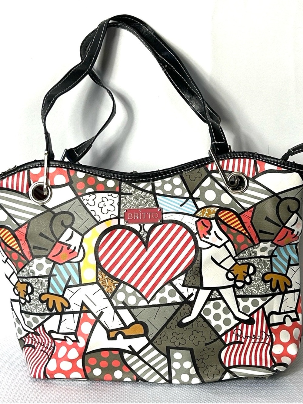 Britto Multicolored Two Handle Shoulder Bag Heart Kids Design Designer Purse